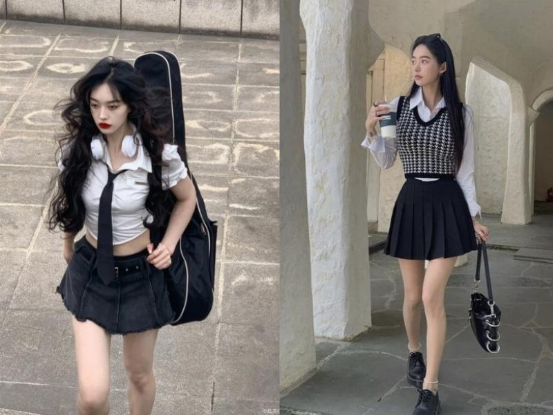  Phối đồ với chân váy xòe ngắn, cô gái trẻ trung năng động dạo phố 